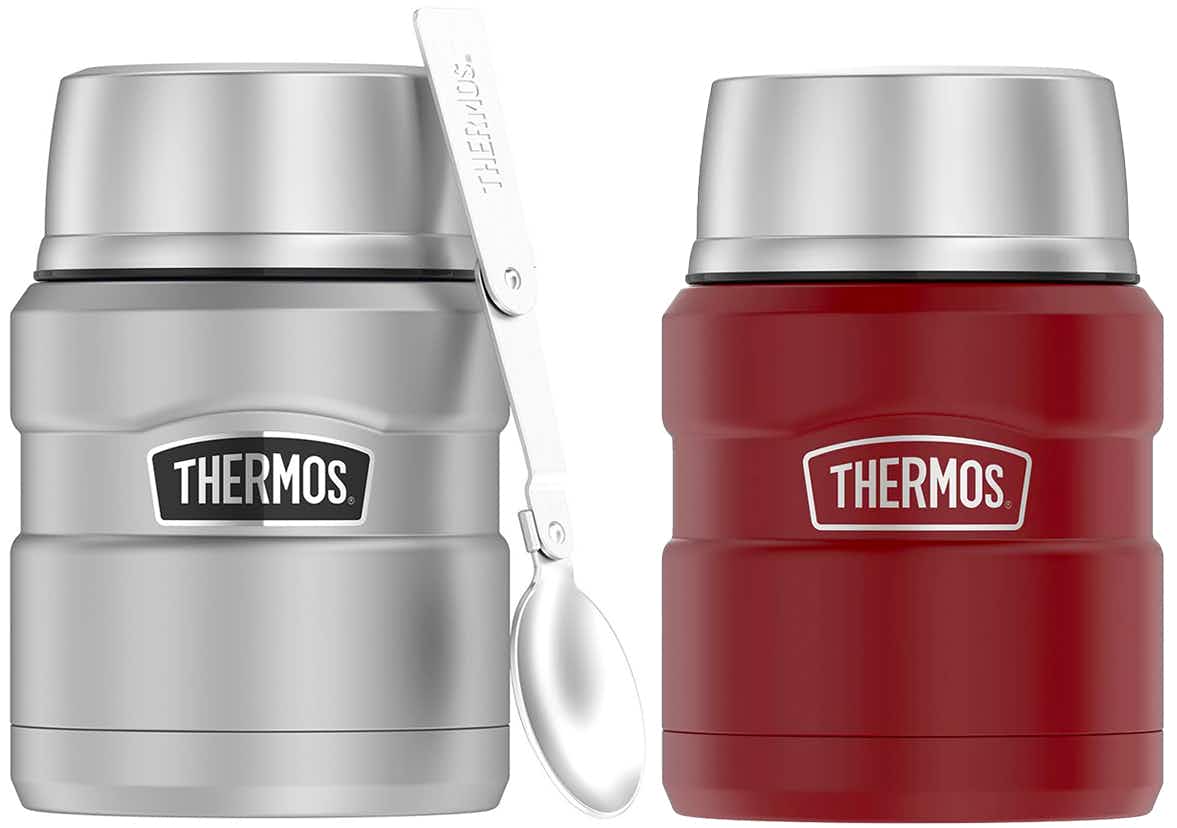 secret santa gifts - Silver and red stainless steel Thermos food jars on a white background
