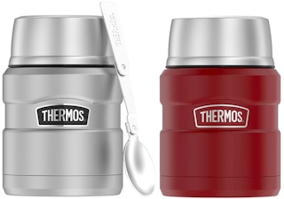 secret santa gifts - Silver and red stainless steel Thermos food jars on a white background