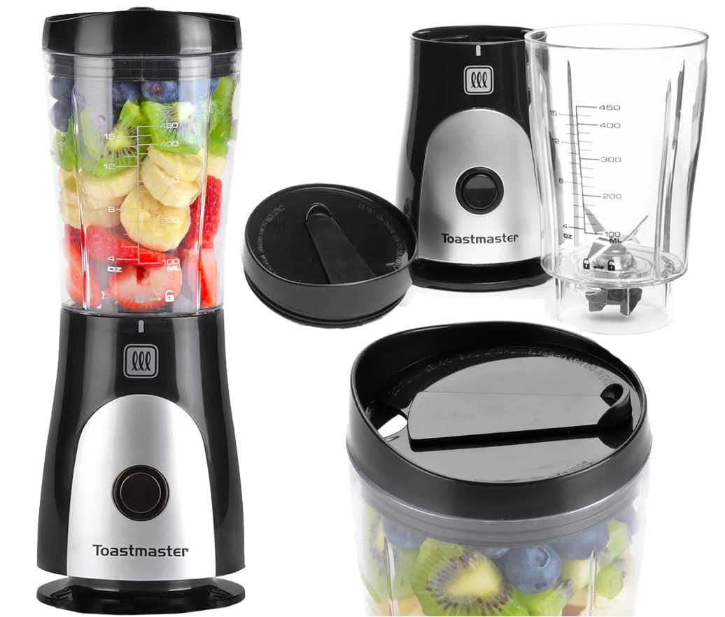secret santa gifts - A Toastmaster mini personal blender with fruit in it, the pieces separated, and a close up on the lid