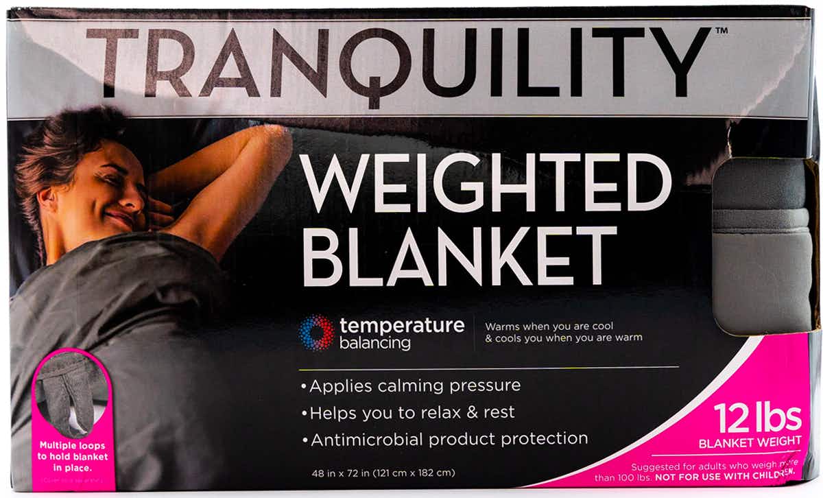 A tranquility weighted blanket in its box