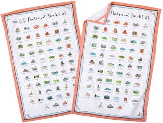 Some tea towels from Uncommon Goods with 63 National Parks on them