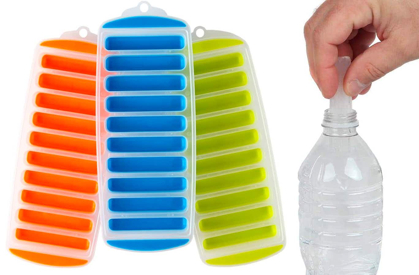 Three different colored water bottle ice cube trays and a person putting an ice stick into a water bottle
