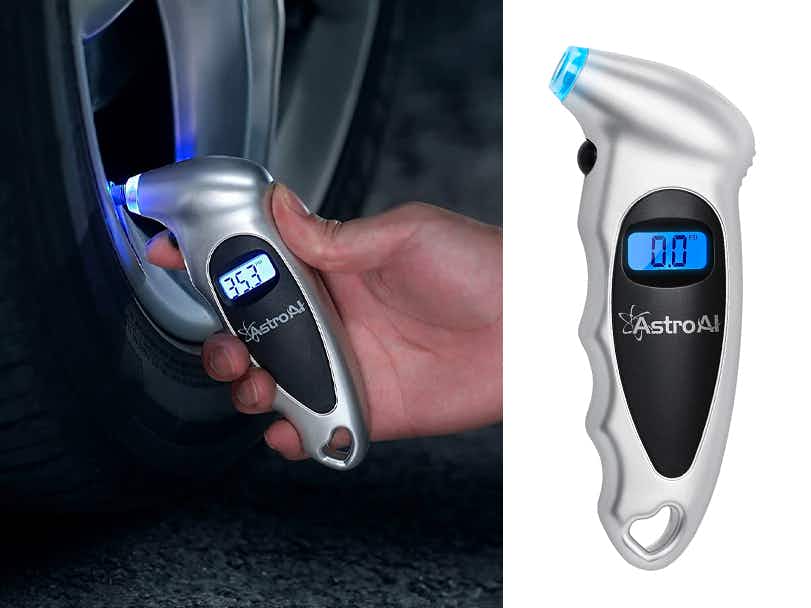 best stocking stuffer ideas - A person checking a tire's pressure with a digital gauge