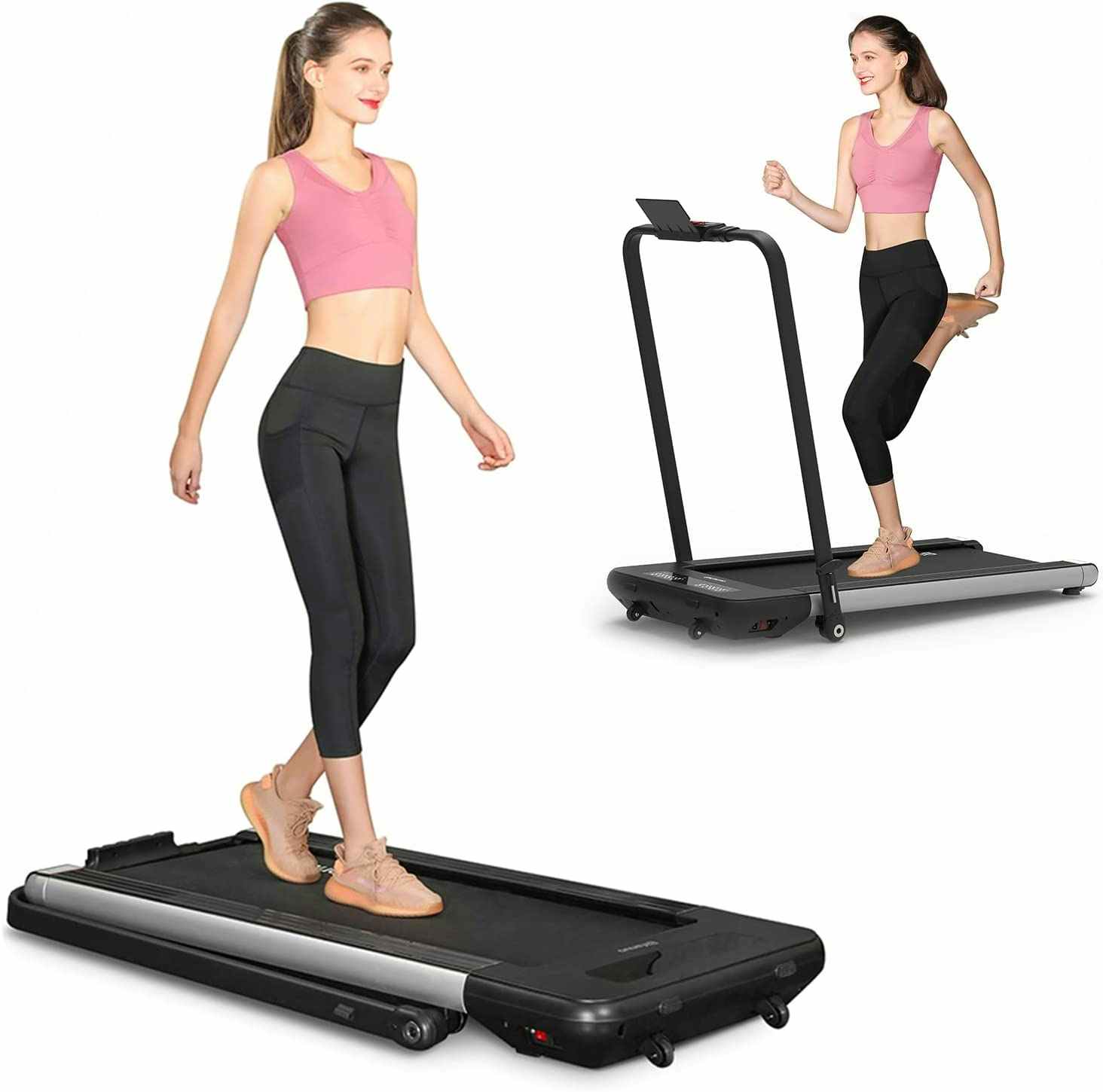 A person using a BiFanuo 2 In 1 Folding Treadmill on a white background
