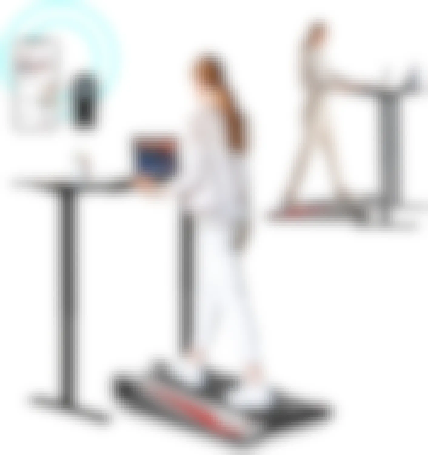 A person walking on an Egofit Walker while working at a standing desk