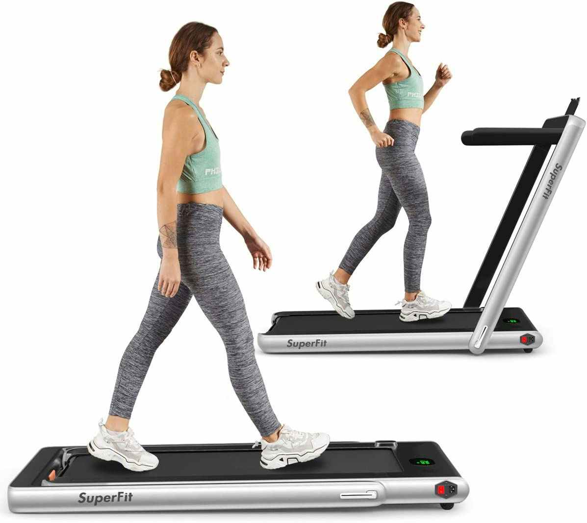 A person using a GoPlus 2-in-1 Folding Treadmill on a white background