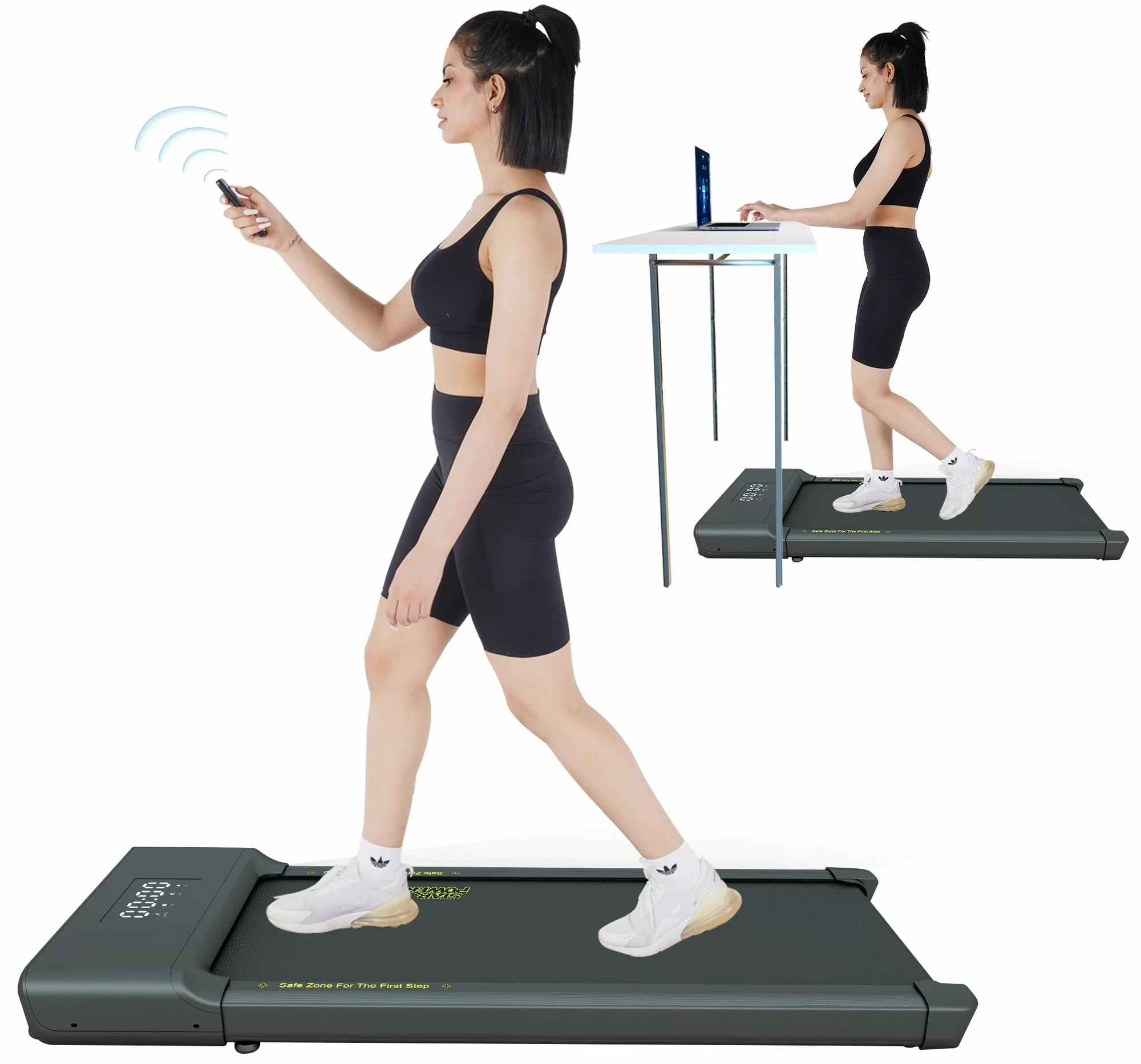 A person using a SSPHPPLIE Under-Desk Treadmill on a white background