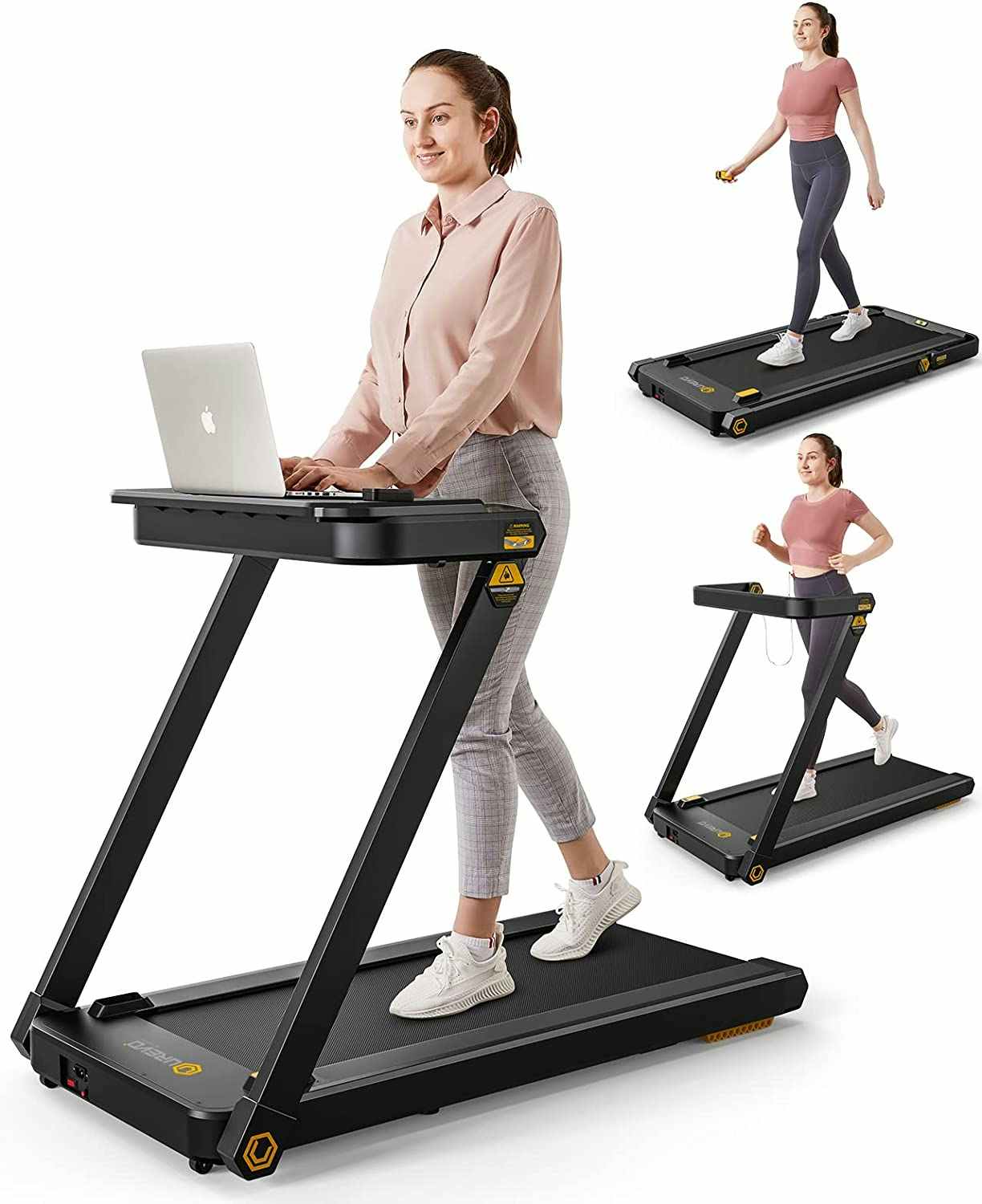 A person using an Urevo Treadmill with Desk on a white background
