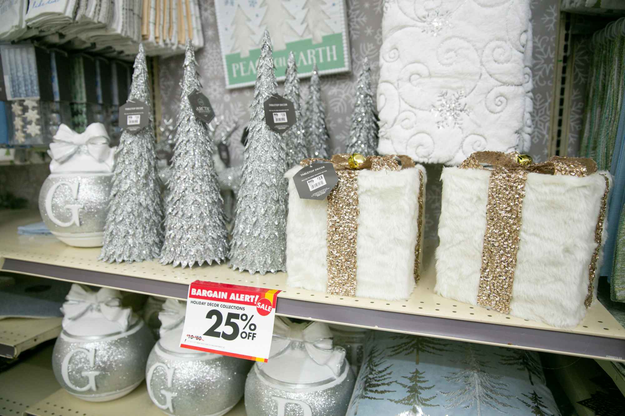 White Christmas decorations inside a Big Lots store
