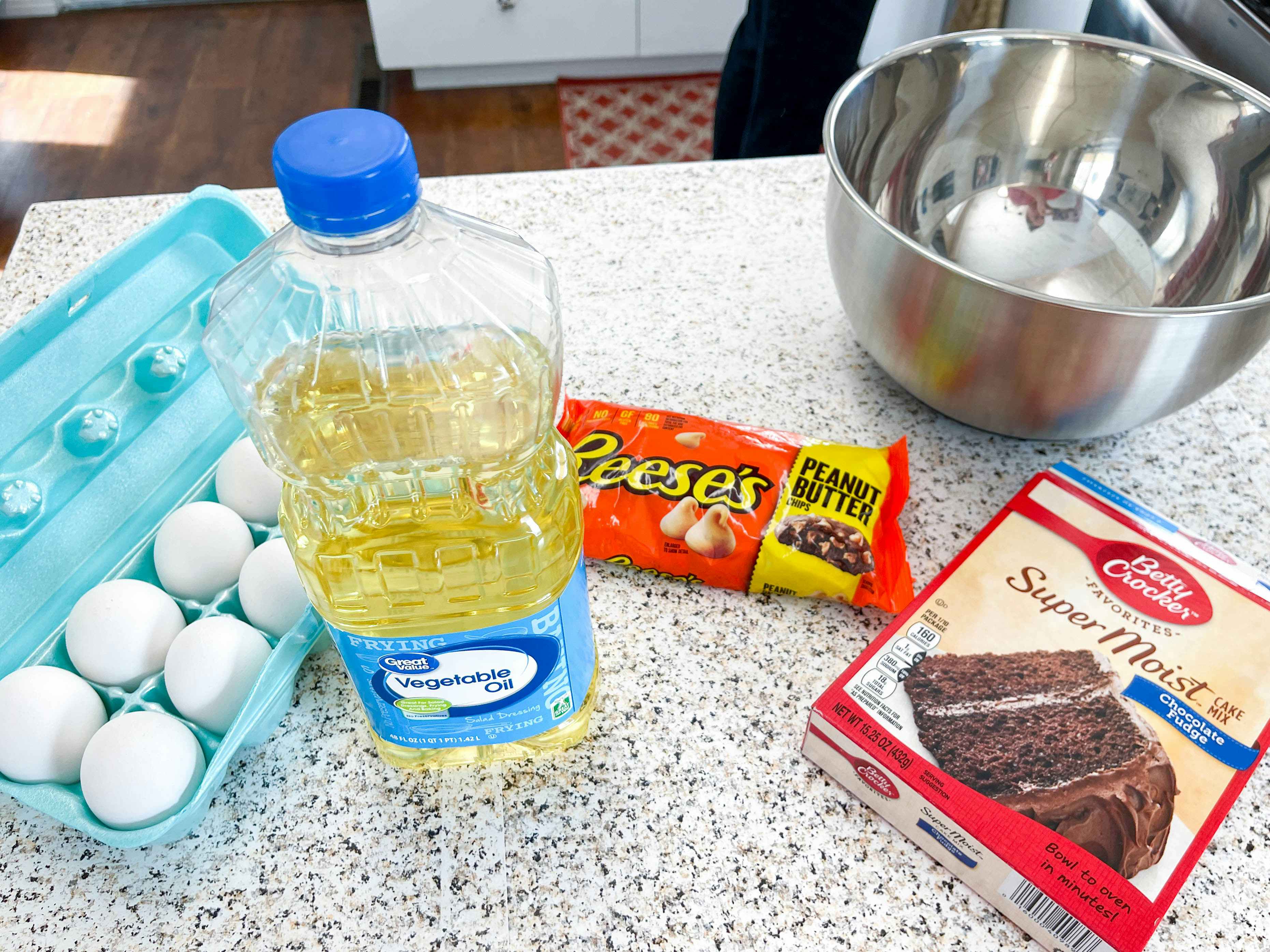ingredients to make cookies with boxes cake and peanut butter chips 