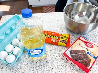 ingredients to make cookies with boxes cake and peanut butter chips