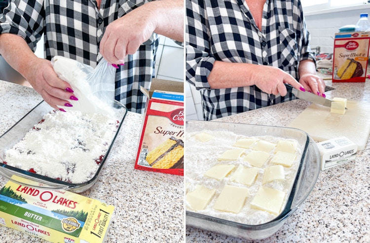 two images of someone making a cherry dump cake 