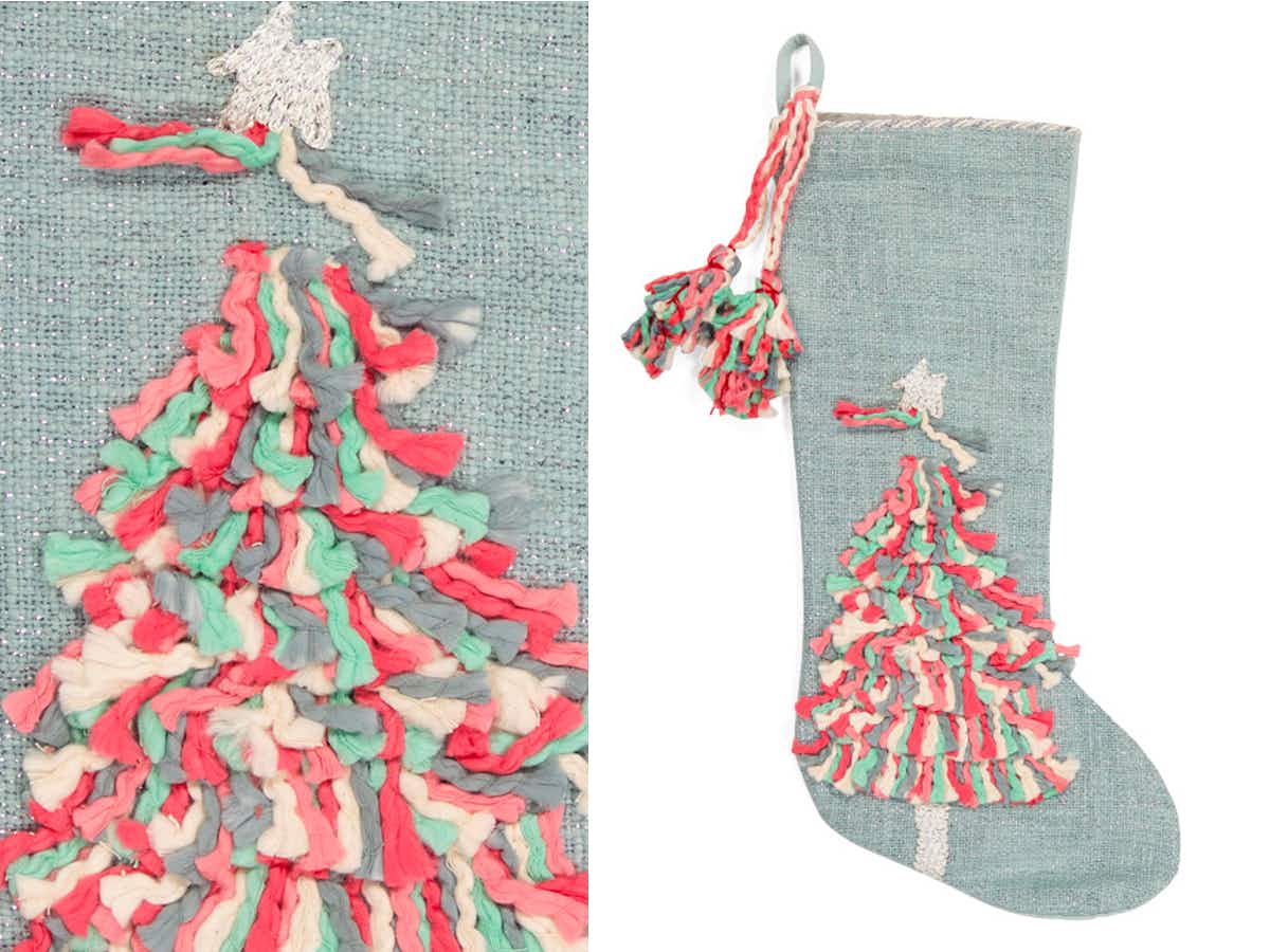 best christmas stockings - An Artisan De Luxe Tassel Glitter Stocking with a fabric tree close up on the details, and the full stocking on a white background