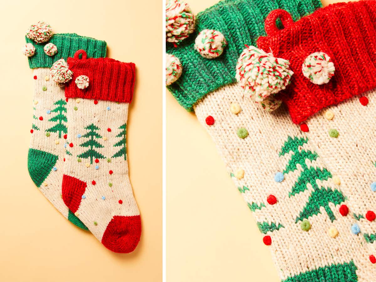 best christmas stockings - A 2-Pack of Aspen Traditional Tree Knit Stockings on a neutral background