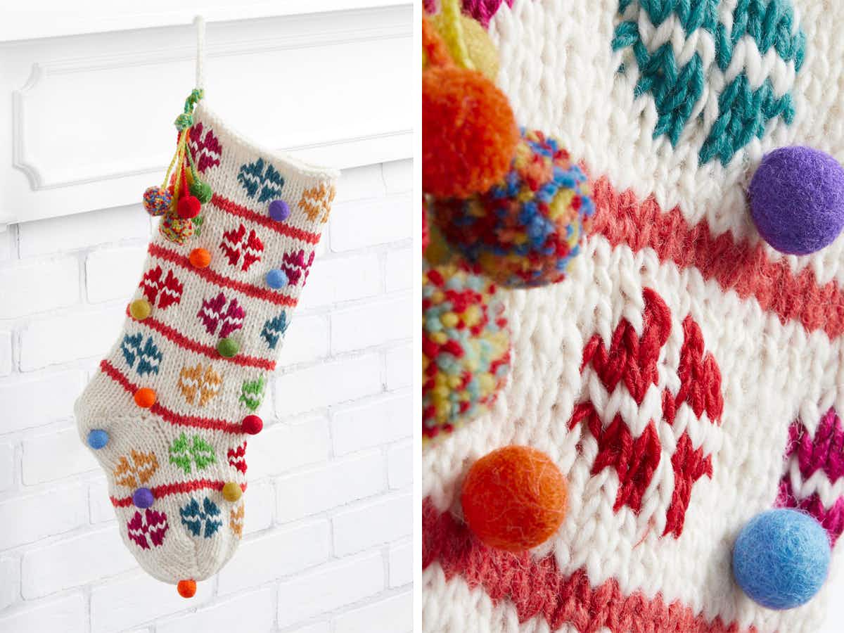 best christmas stockings - A Felted Wool Pom Pom Christmas Stocking hanging from a mantel, and a close up on the details.