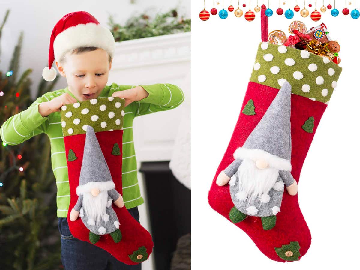A child holding a Habibee 3-Piece Christmas Stocking with 3D Plush Gnomes Santa next to the same product on a white background