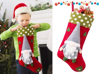 A child holding a Habibee 3-Piece Christmas Stocking with 3D Plush Gnomes Santa next to the same product on a white background