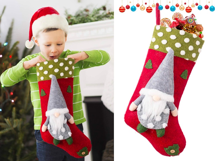 A child holding a Habibee 3-Piece Christmas Stocking with 3D Plush Gnomes Santa next to the same product on a white background