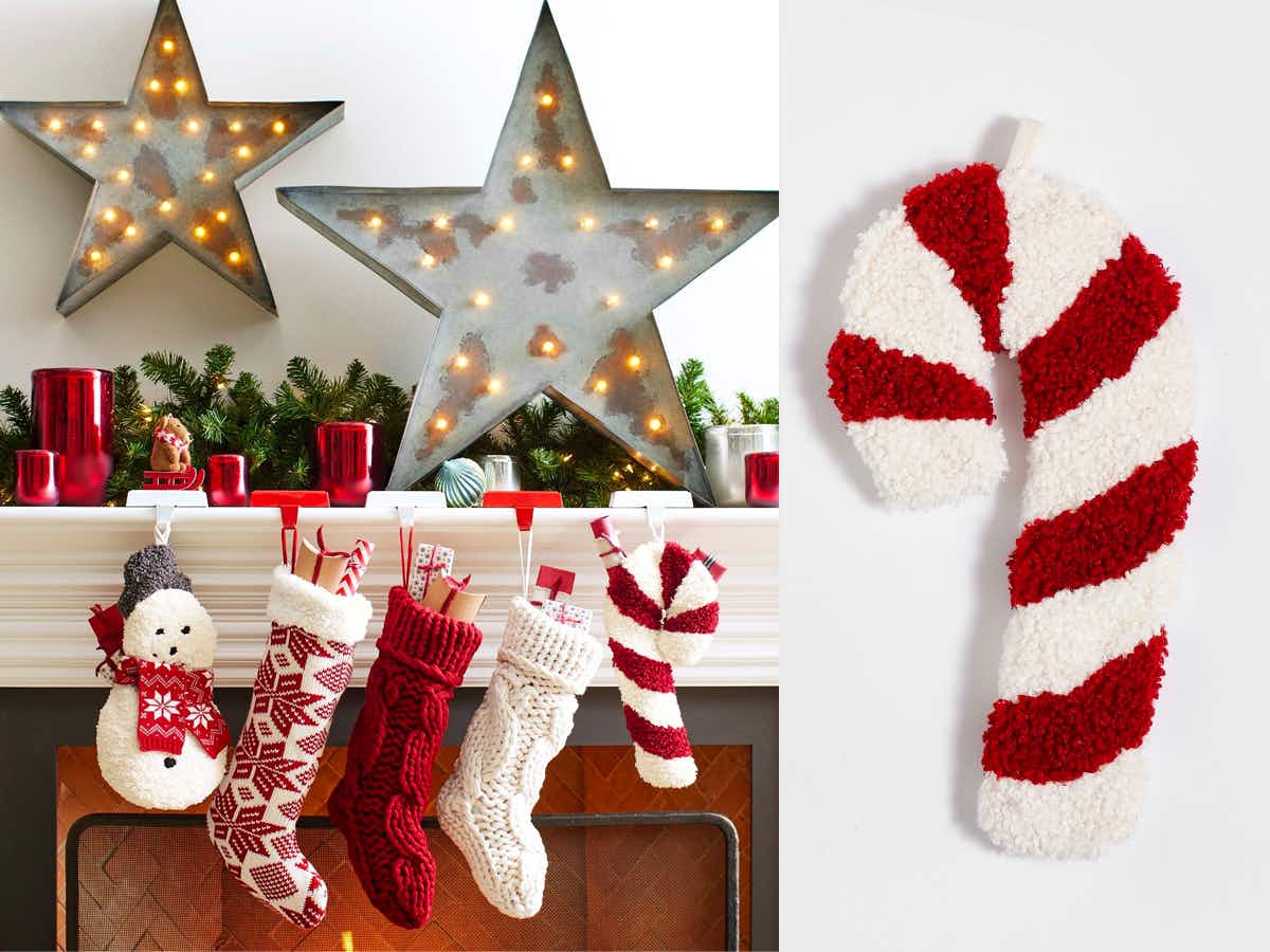 best christmas stockings - A Pottery Barn Cozy Teddy Candy Cane Shaped Stocking hanging above a fireplace with some other stockings, and the stocking by itself on a grey background.