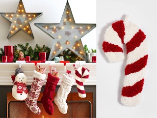 best christmas stockings - A Pottery Barn Cozy Teddy Candy Cane Shaped Stocking hanging above a fireplace with some other stockings, and the stocking by itself on a grey background.