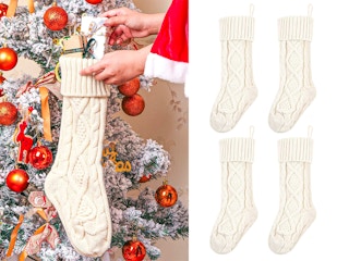 A Swtroom Christmas Stocking being filled in front of a christmas tree, and 4 Swtroom Christmas Stockings on a white background