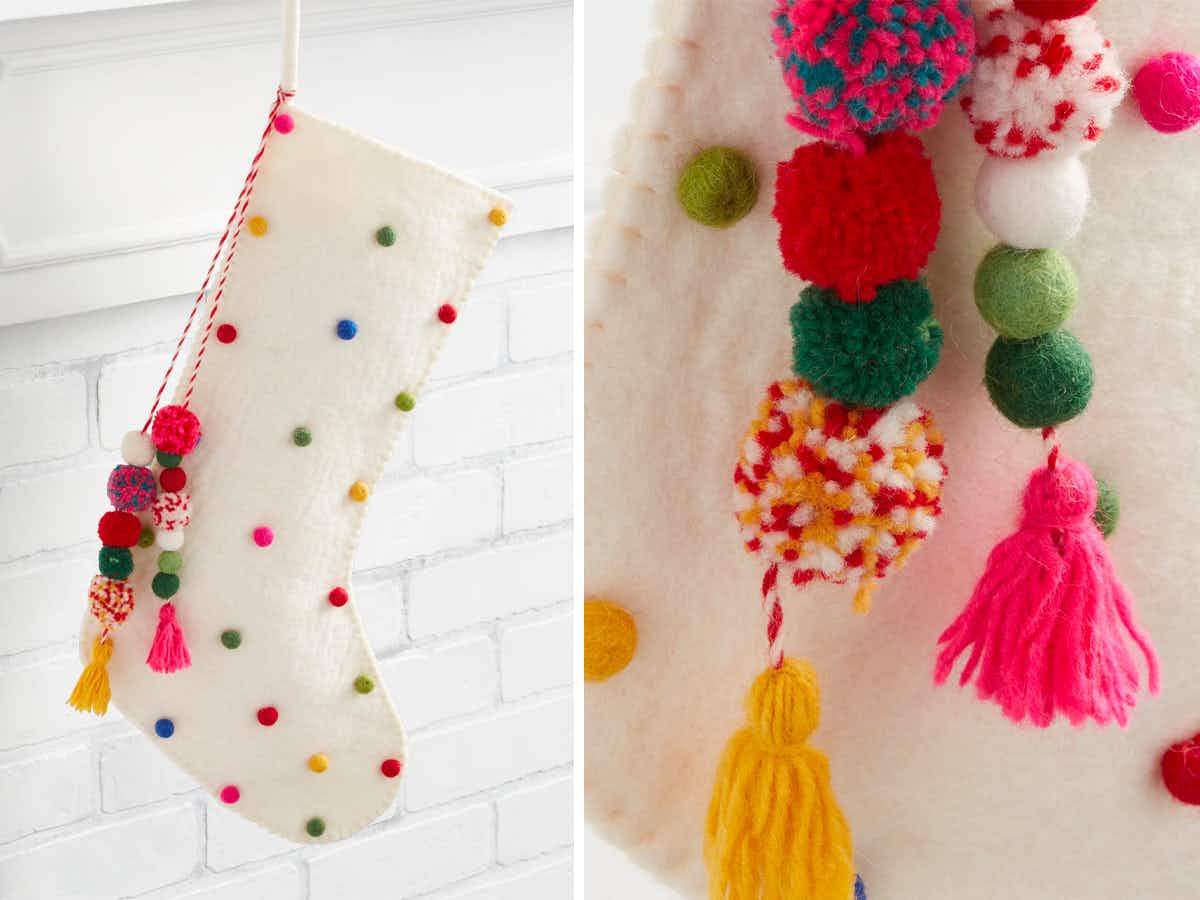 A White Polka Dot Felted Wool Christmas Stocking hanging from a mantel, next to a close up of the stocking details
