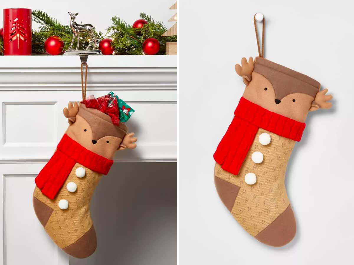 A Wondershop Reindeer Character Christmas Stocking hanging from a mantel and on a grey background