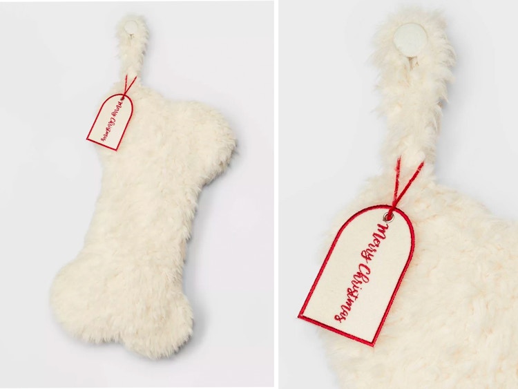 best christmas stockings - A Wondershop Sherpa Dog Bone Christmas Stocking with a tag that says, "Meryry Christmas