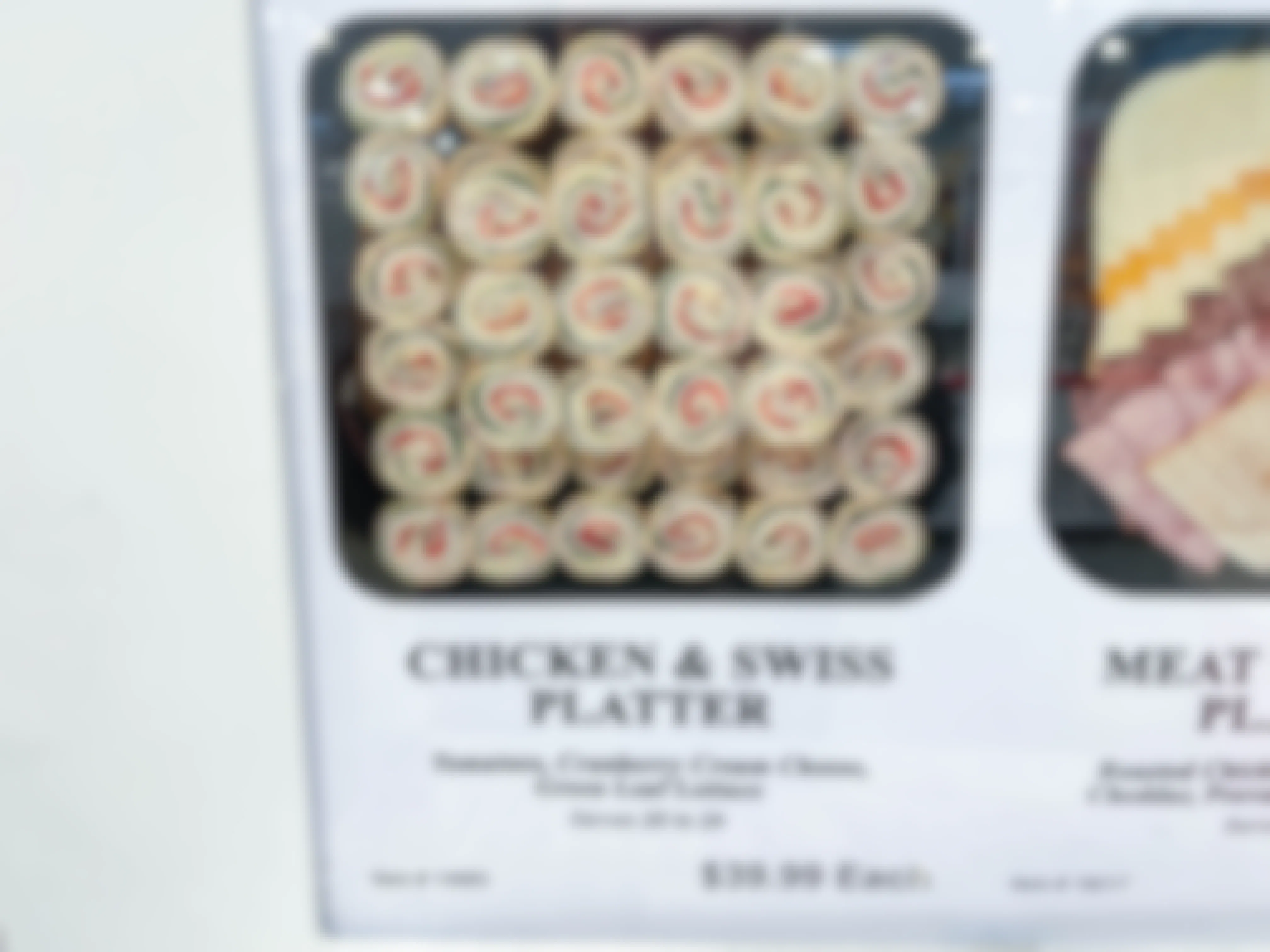 close up of the chicken and swiss platter sign at costco deli 