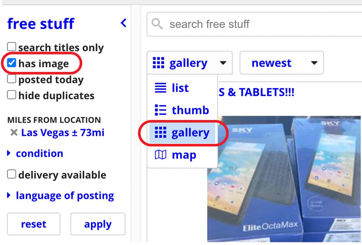 A screenshot of the Craigslist free stuff page showing the filter "has image" checked and the view in gallery mode