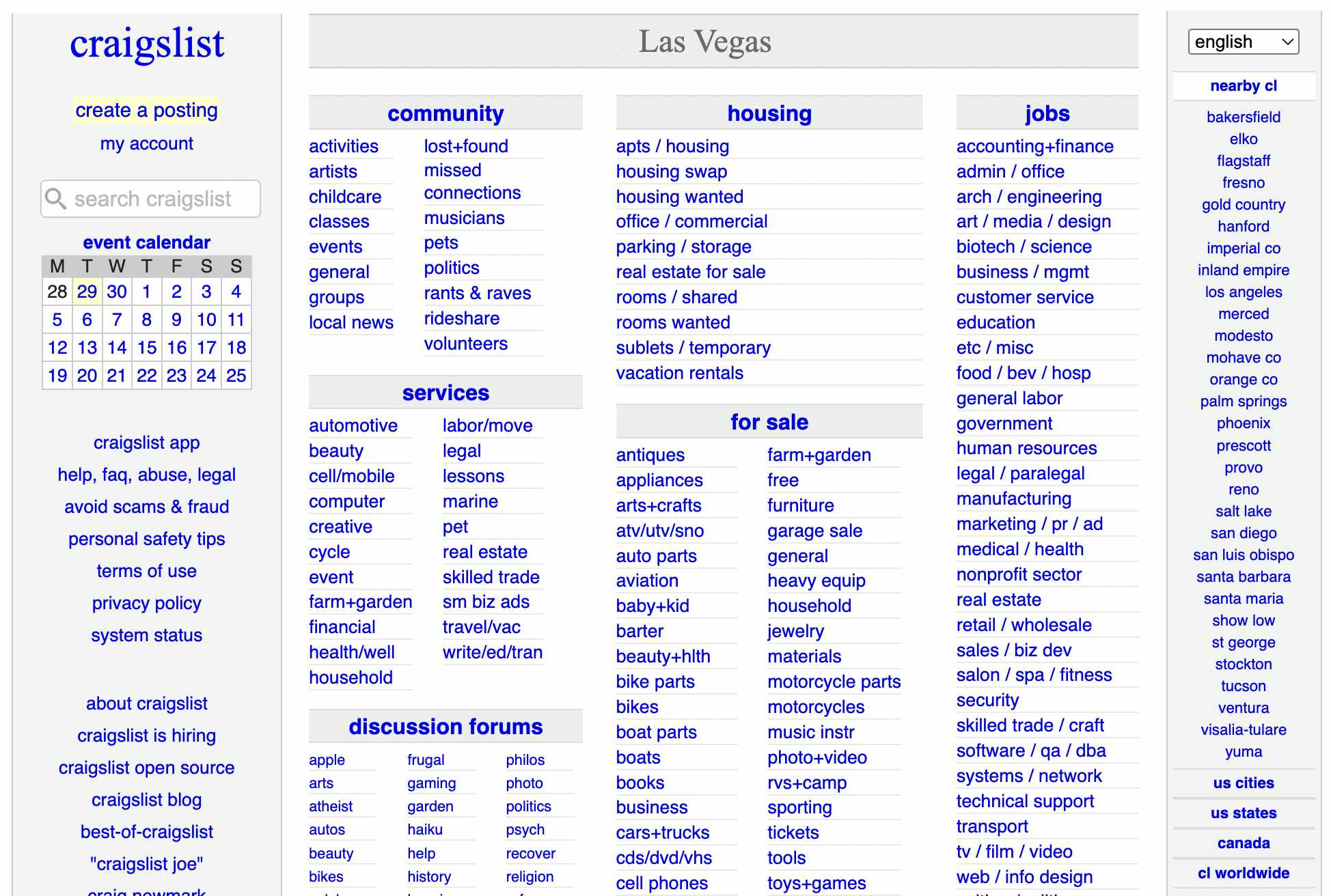 A screenshot of the craigslist home page