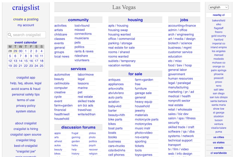 A screenshot of the craigslist home page