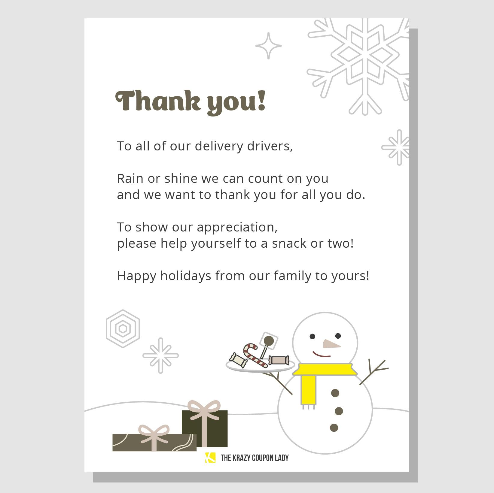 free delivery driver thank you note printable with snowman
