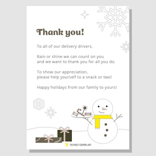 free delivery driver thank you note printable with snowman