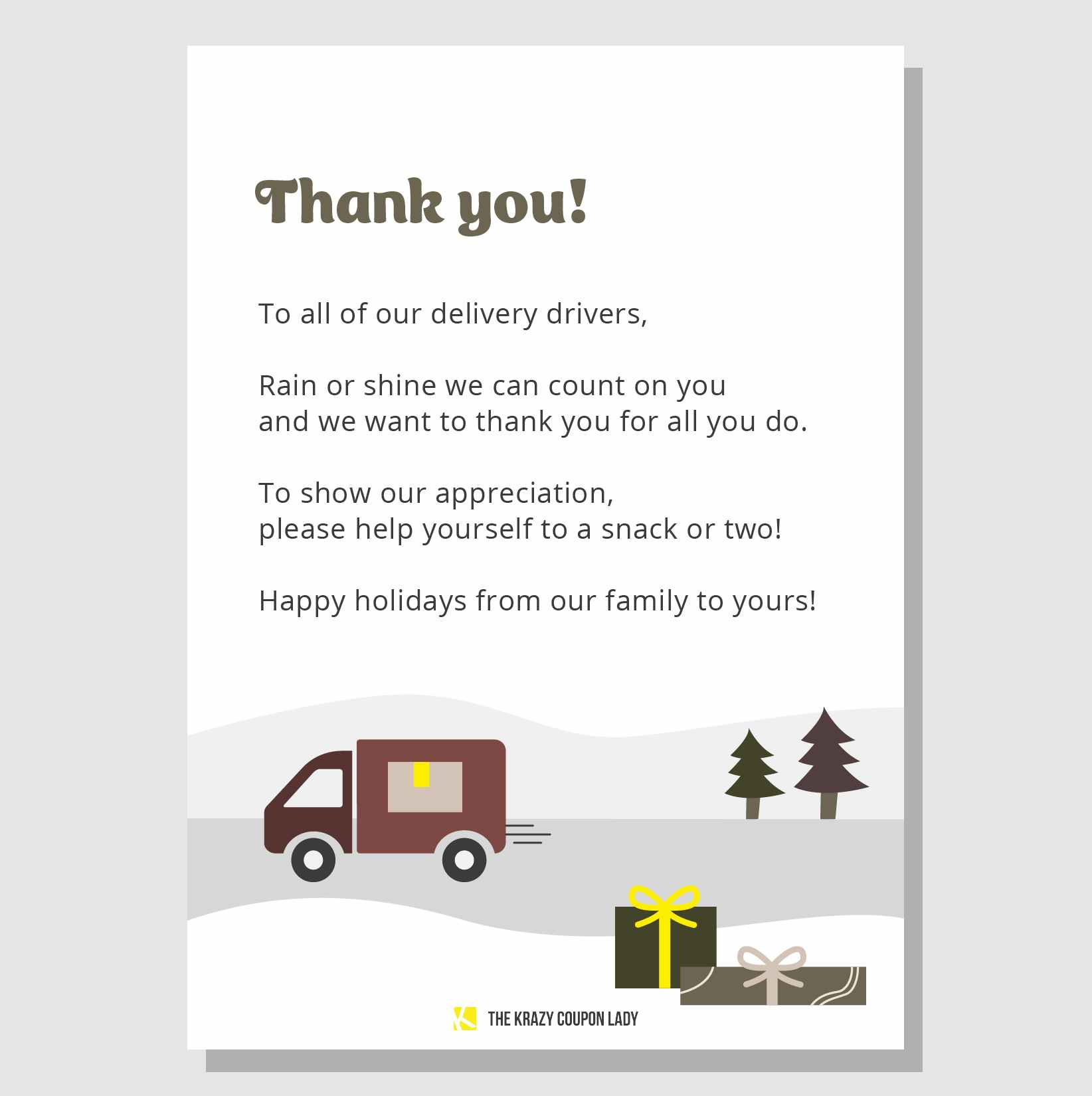 free delivery driver thank you note printable with truck
