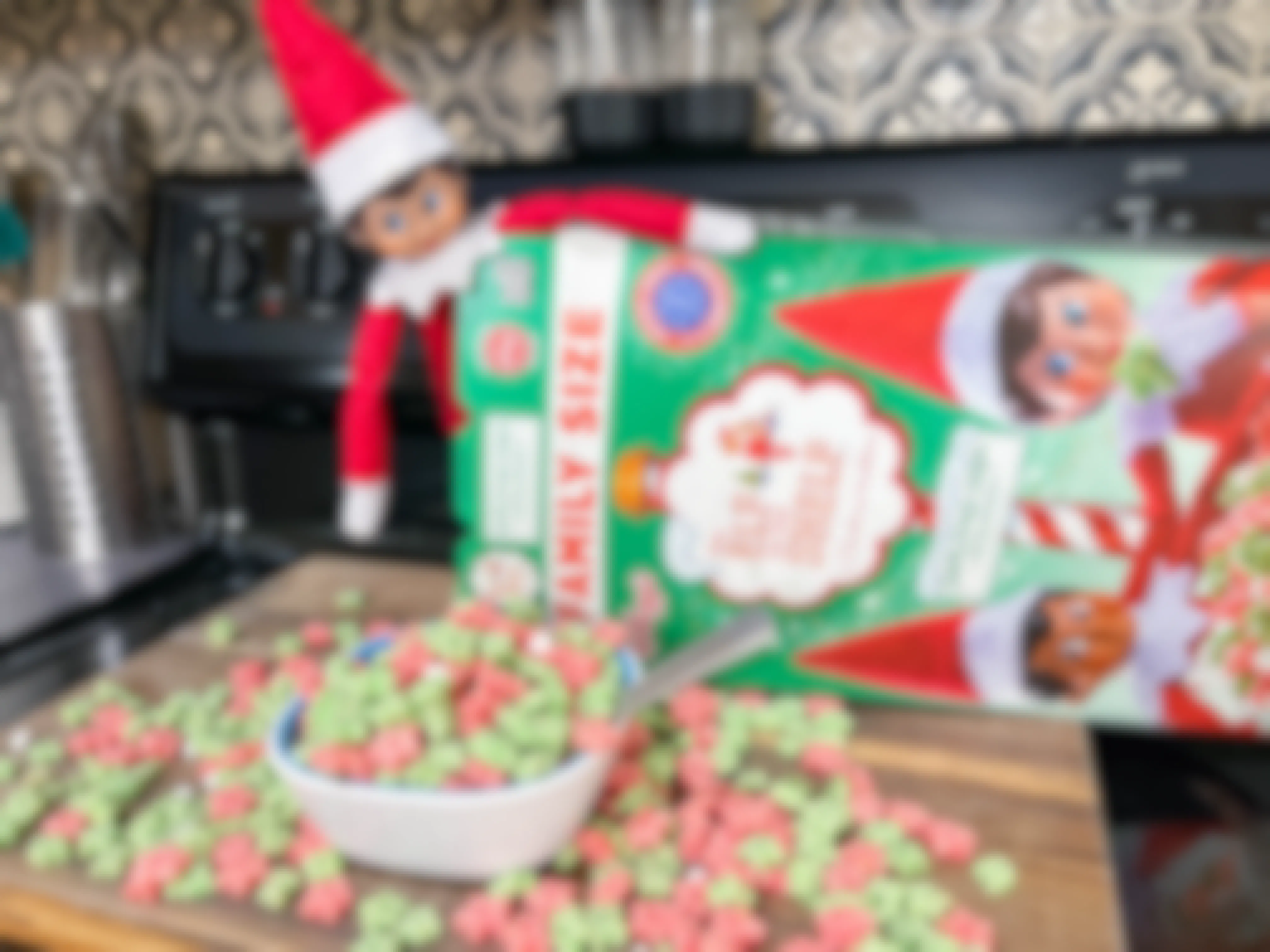 elf on the shelf doll inside a cereal box in front of a full bowl 