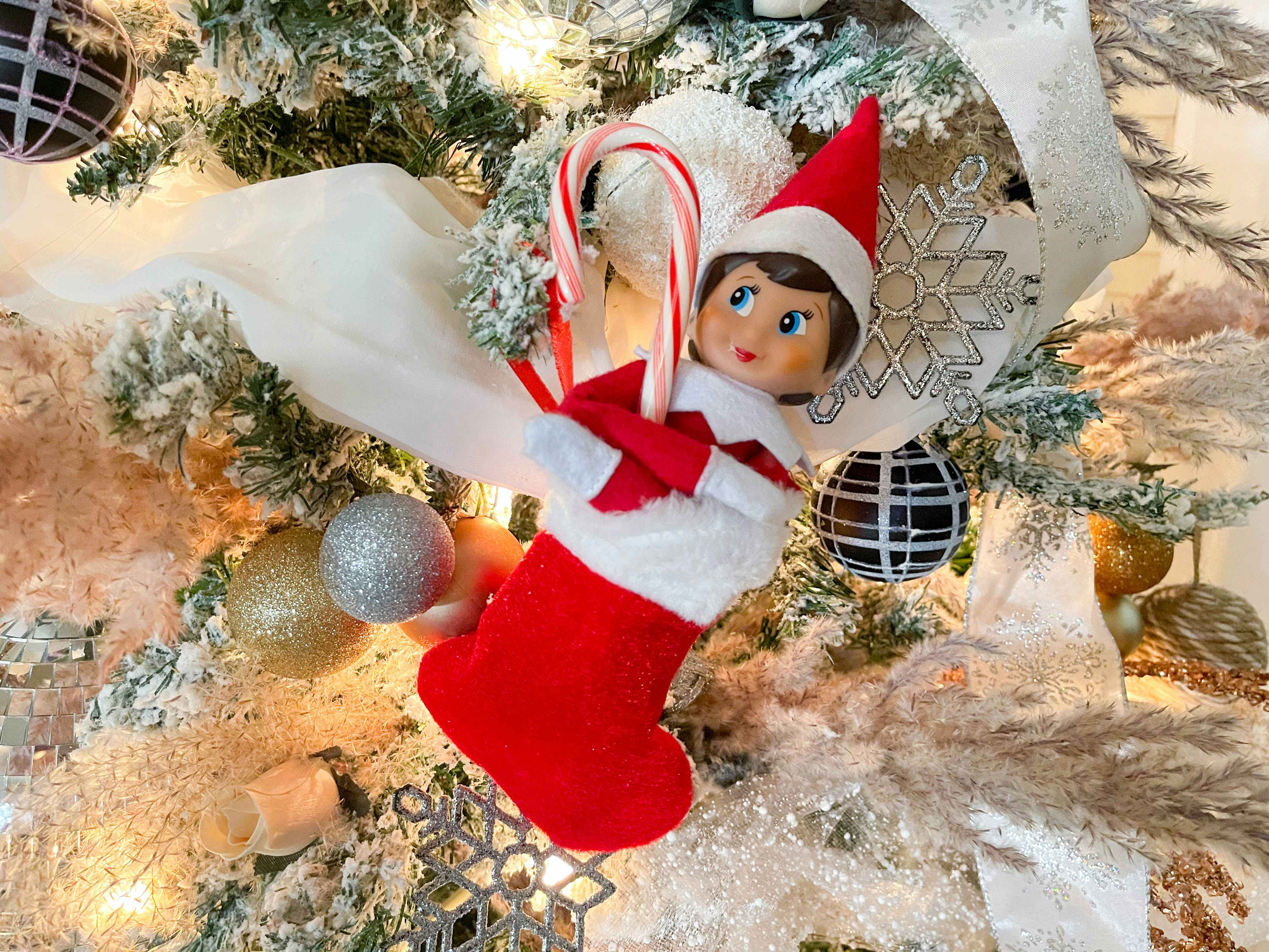 an elf on the shelf doll in a mini stocking holding a candy cane hanging in a christmas tree 