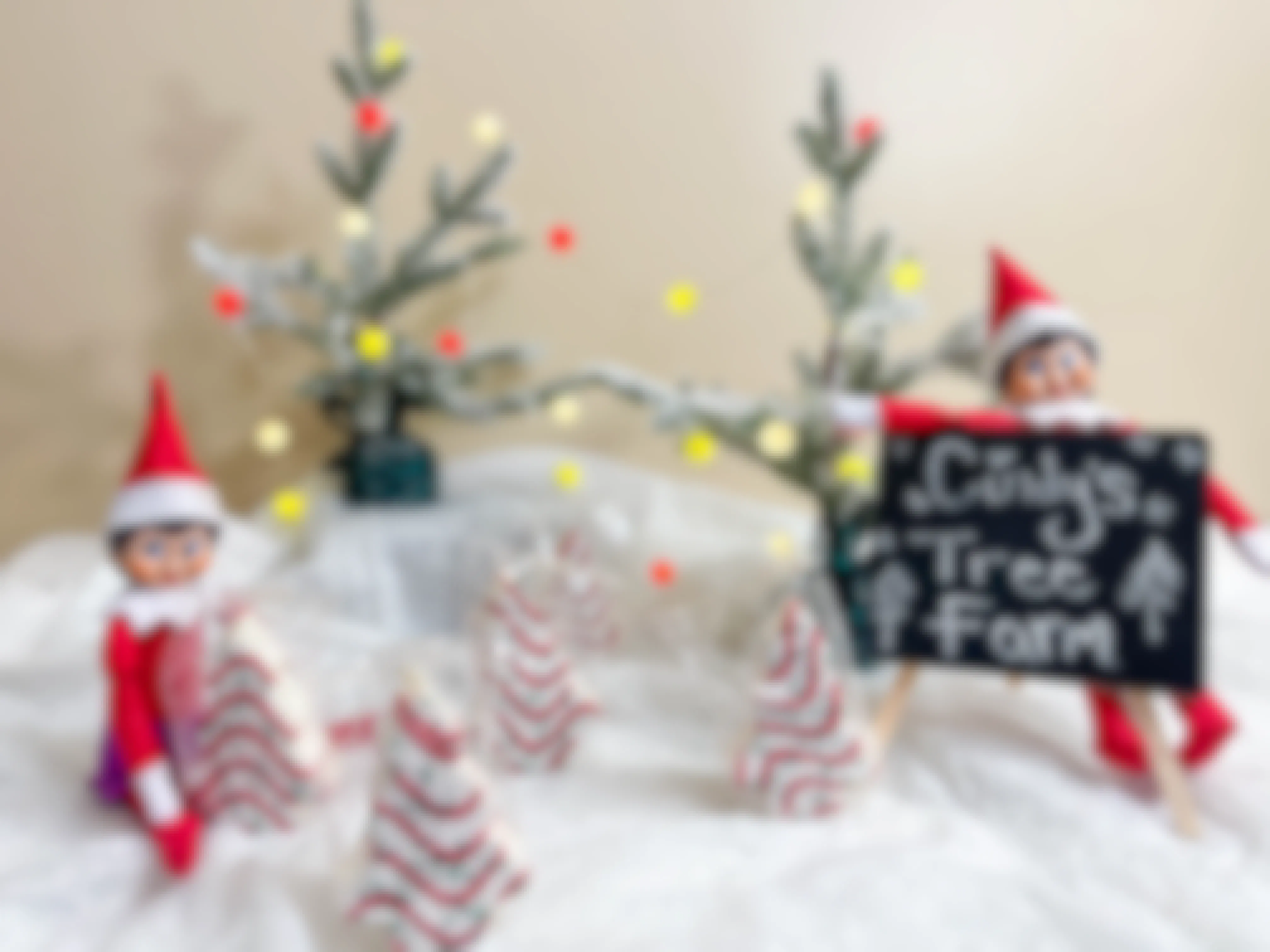 two elf on the shelf dolls with packaged cake trees and a cindy's tree farm chalk board sign 