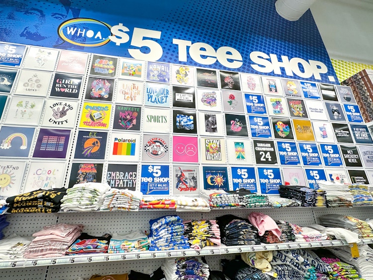 The $5 tee shop wall at Five Below