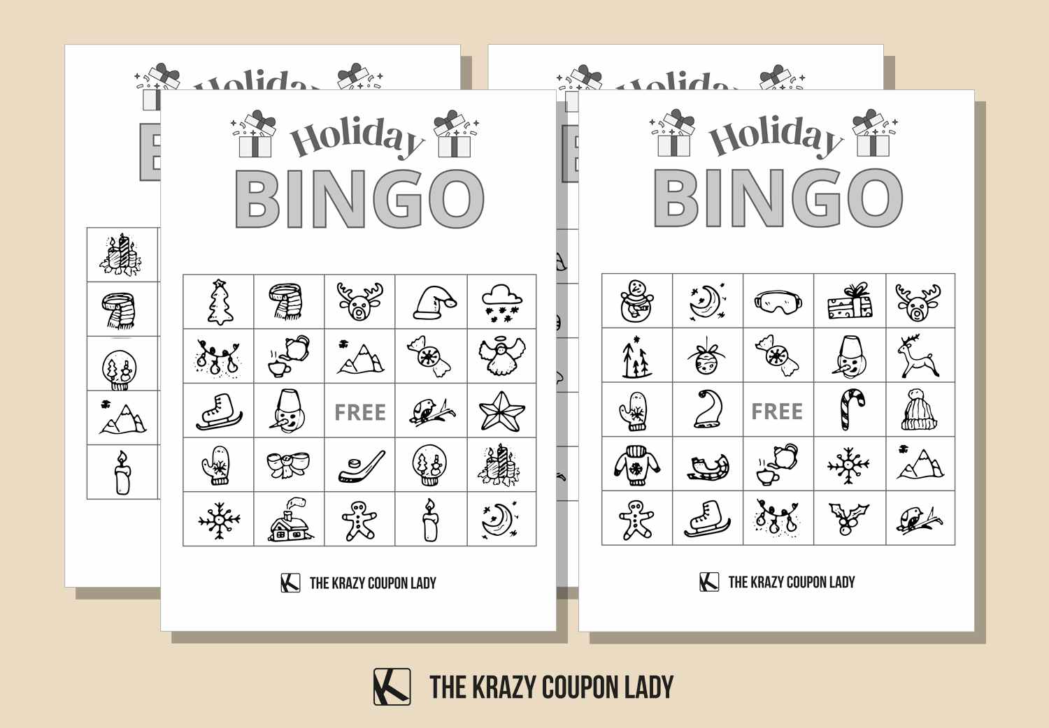 free holiday bingo cards with black and white winter illustrations