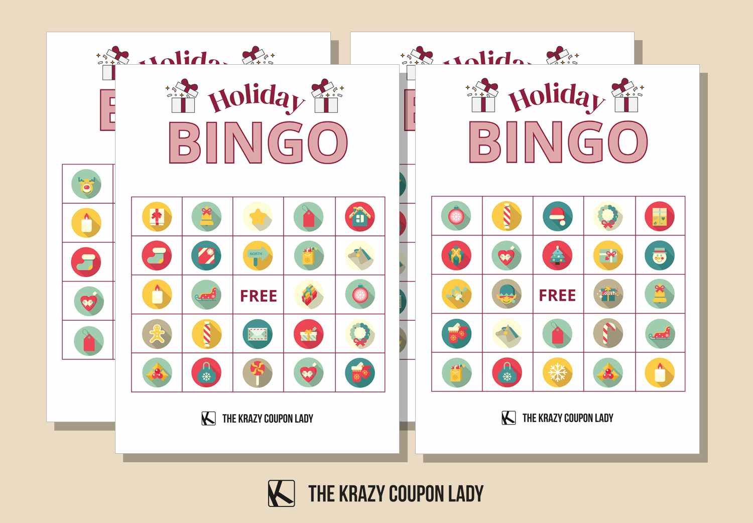 free holiday bingo cards with colorful round christmas icons
