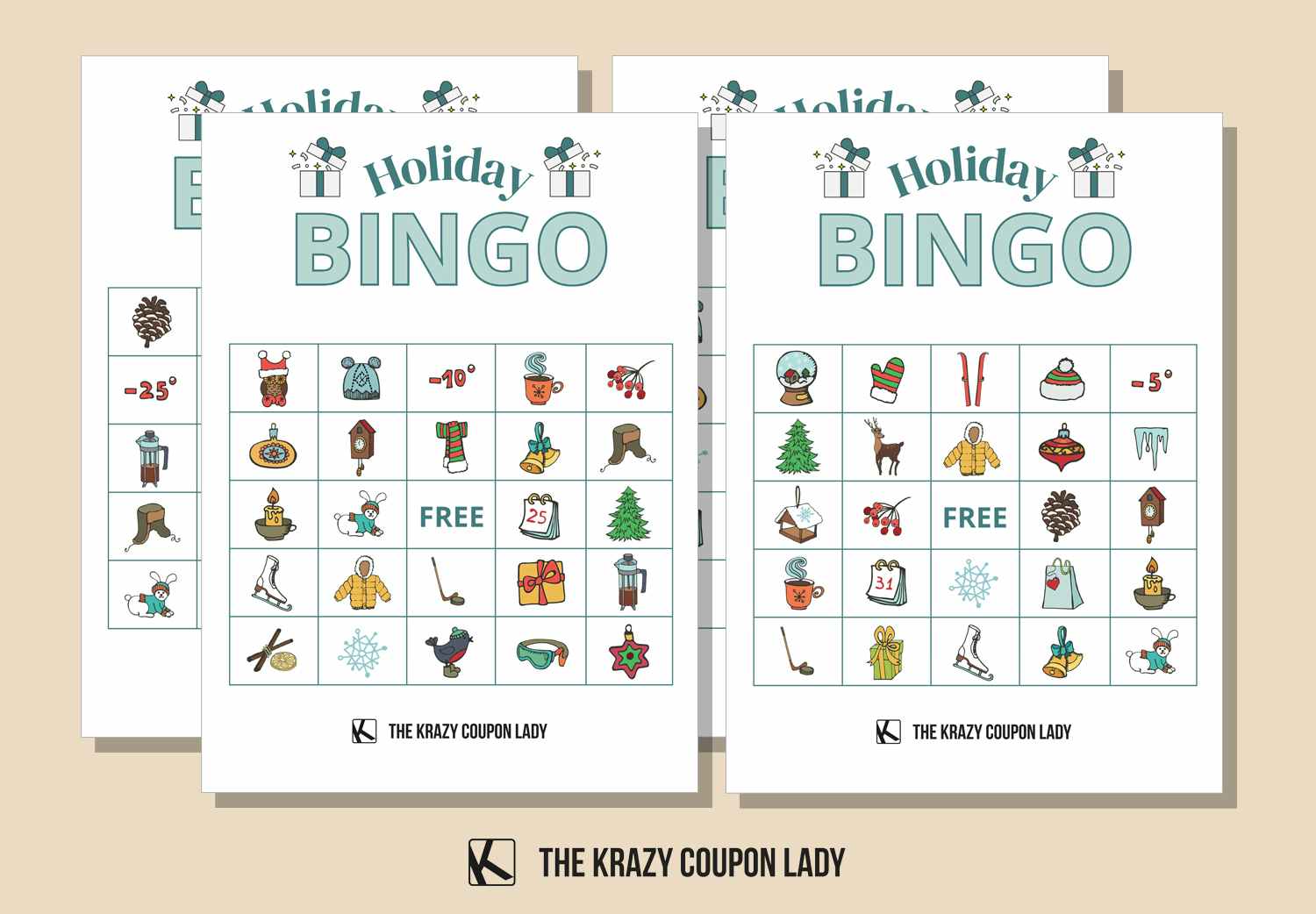 free holiday bingo cards with christmas illustrations