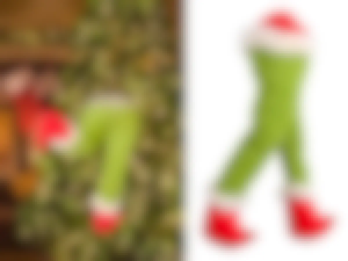 grinch holiday decorations - Some plush decor legs sticking out of a Christmas tree