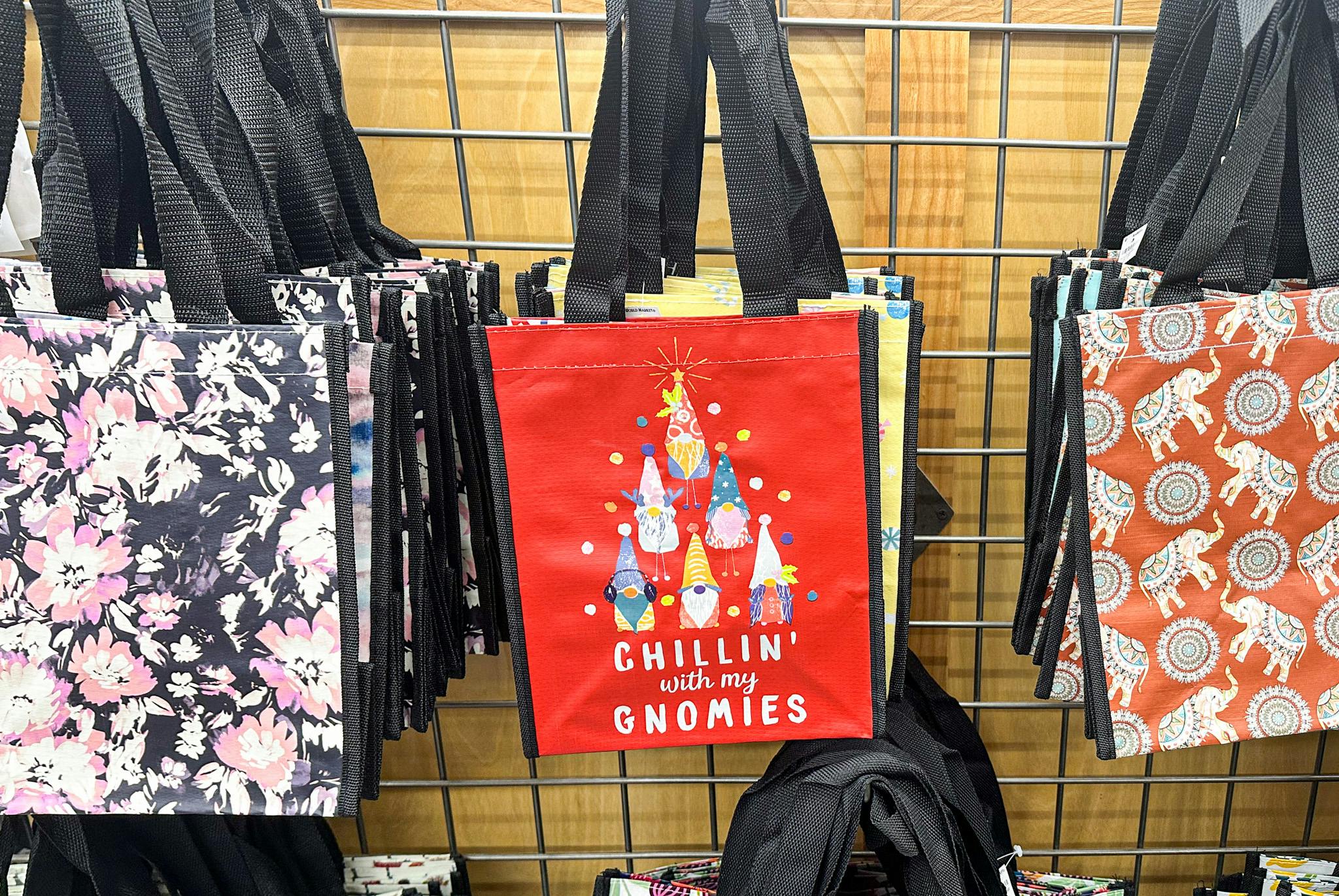 gnome reusable bags on world market display rack
