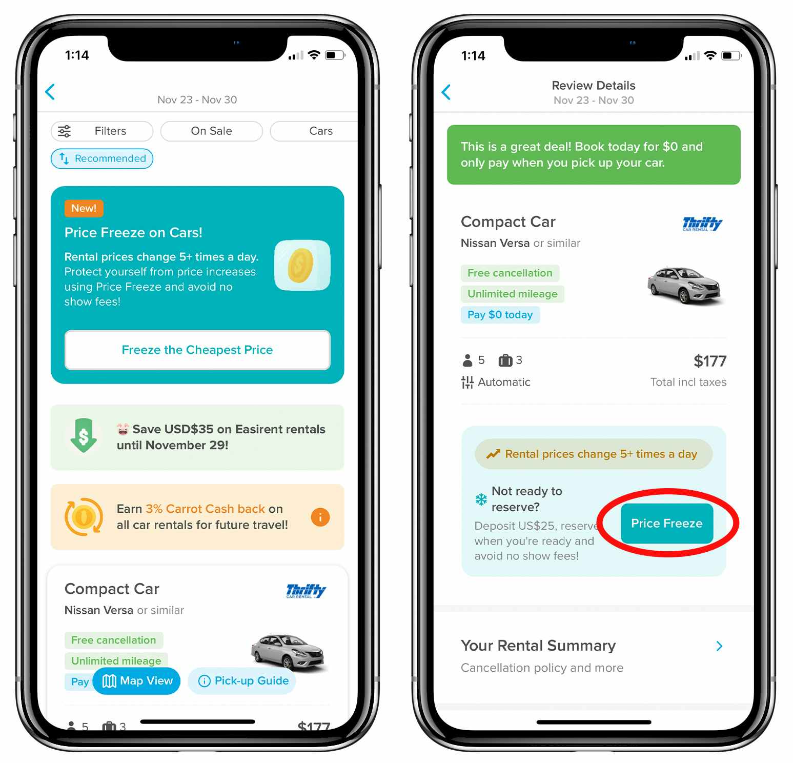 Two phones, each showing different pages of the car rental section of the Hopper app mentioning freezing current car prices