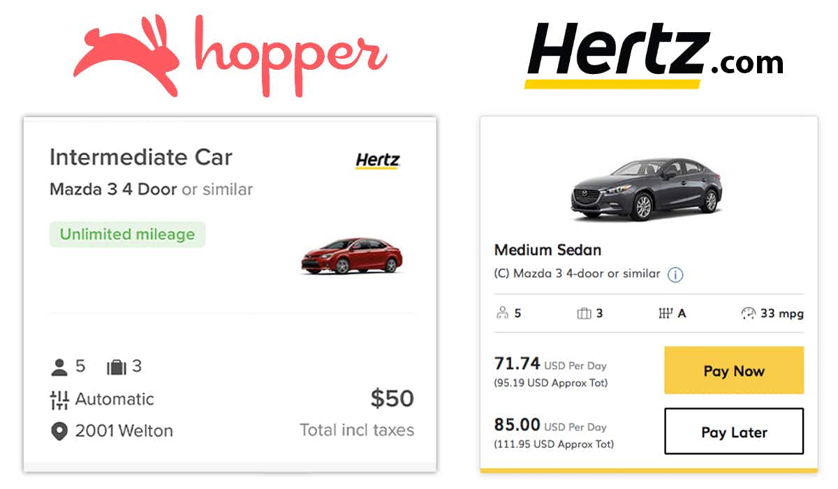 A comparison of similar car rentals on the Hopper app vs. on the Hertz website.