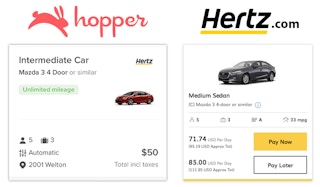 A comparison of similar car rentals on the Hopper app vs. on the Hertz website.