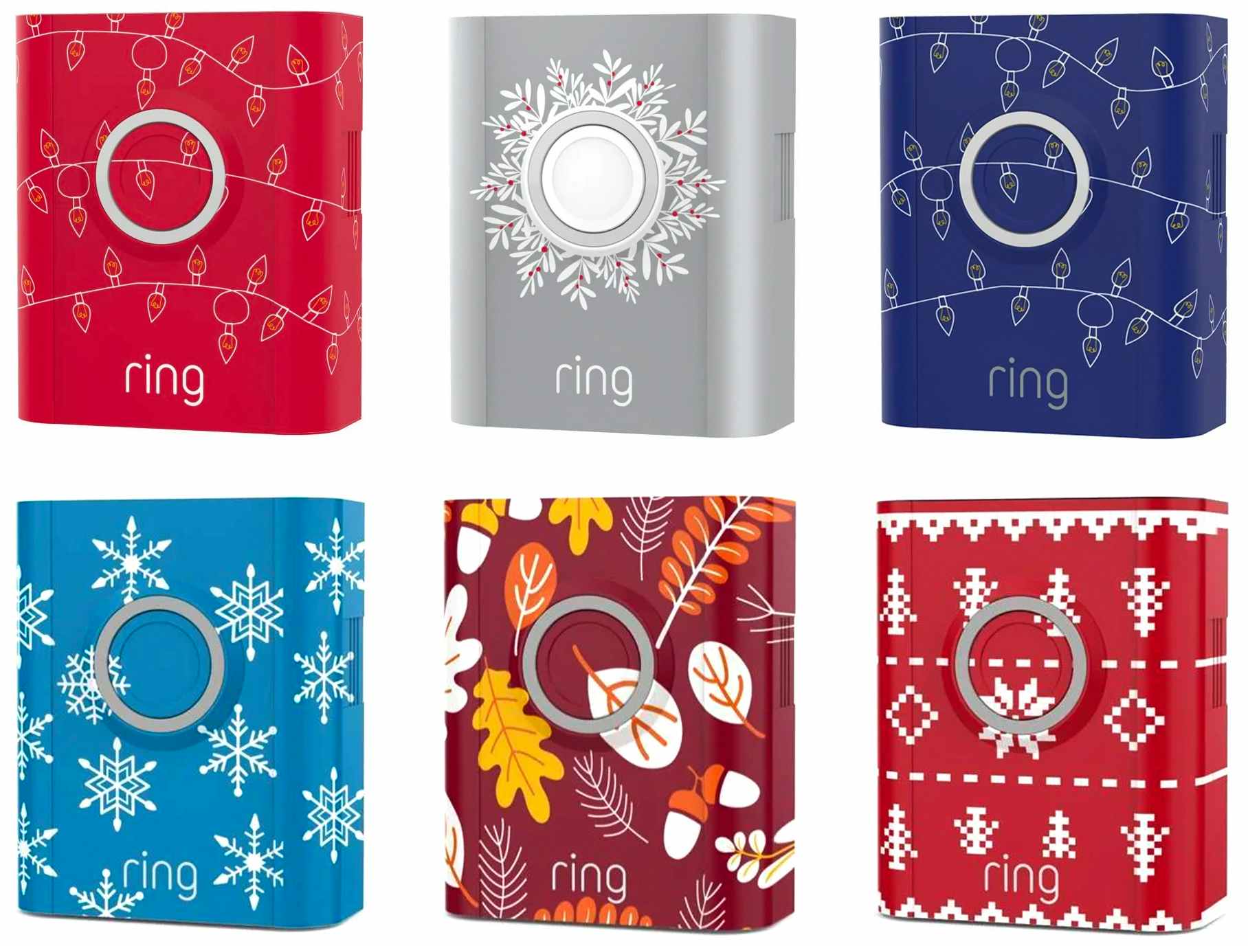 Six different designs of Ring doorbell holiday faceplates