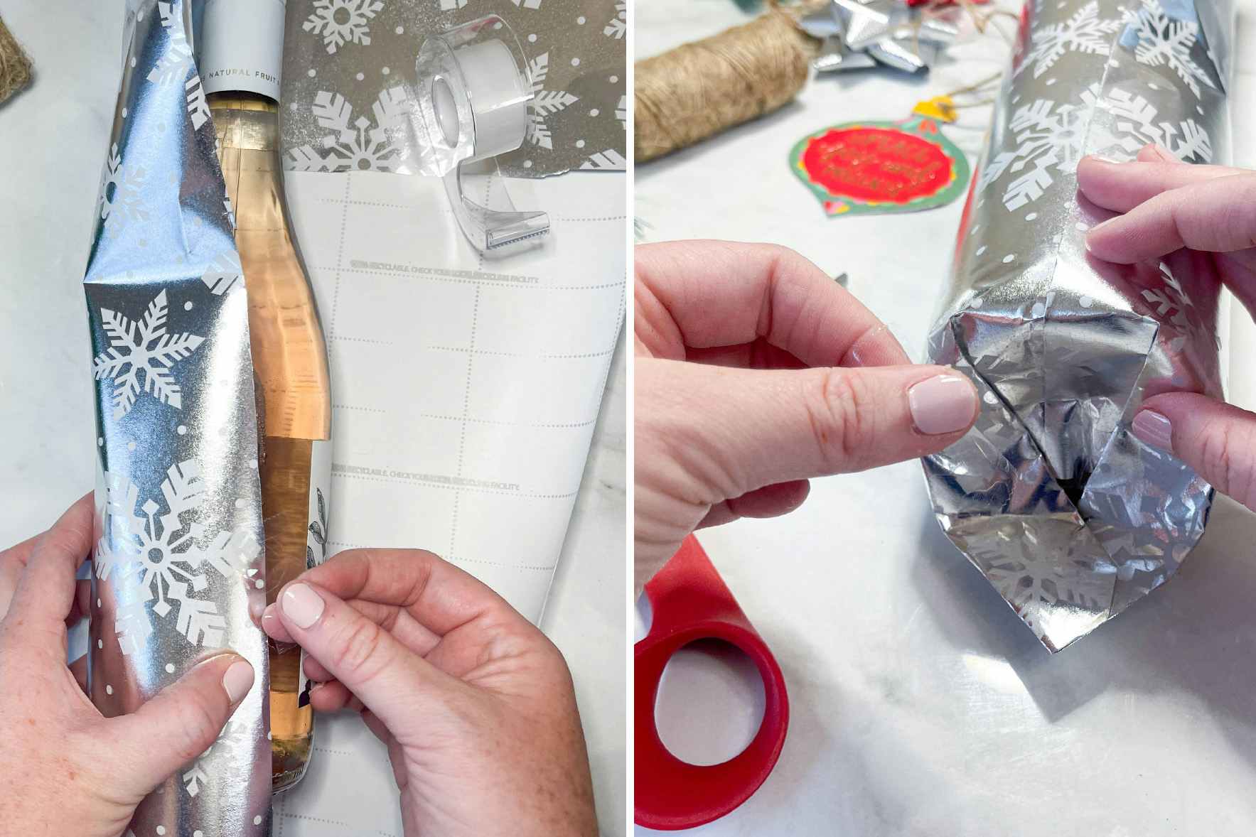 two side by side images of a person taping wrapping paper to a bottle of wine 
