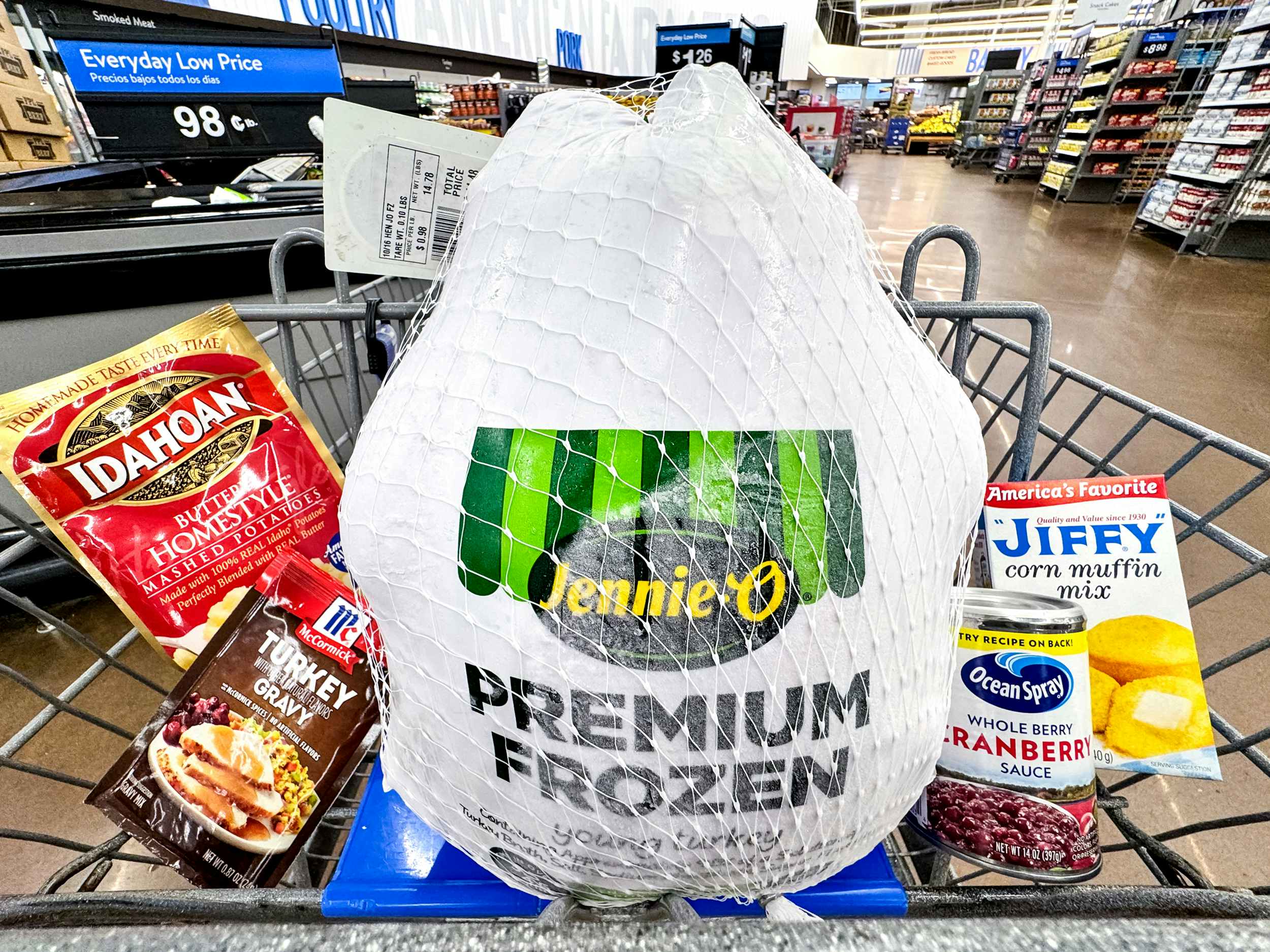 jennie-o premium frozen turkey and thanksgiving sides in walmart shopping cart